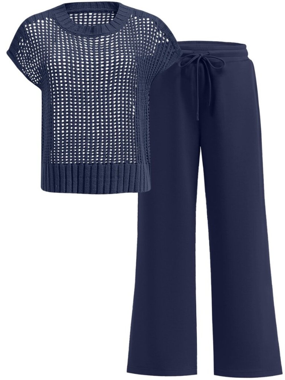 Women Two Piece Outfits Crochet Sheer Knit Sweater Top Wide Leg Pants Lounge
